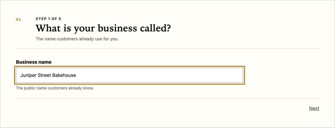 The Perffection editor asking: What is your business called? The answer, Juniper Street Bakehouse, is typed in.