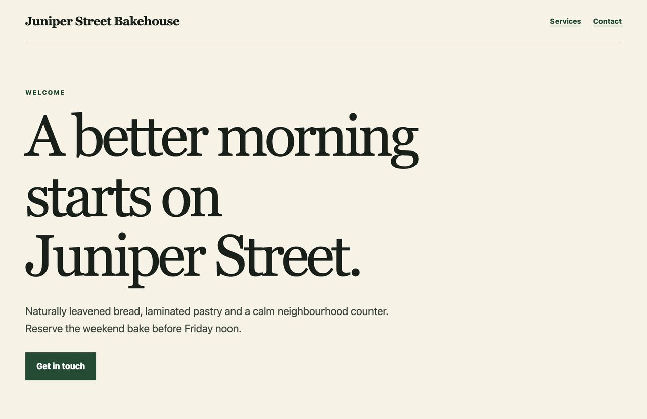 The finished page: Juniper Street Bakehouse, with the headline A better morning starts on Juniper Street and a Get in touch button.
